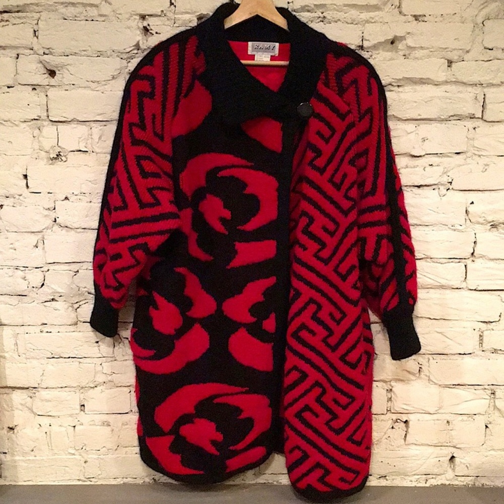 Vintage Wool / Mohair Red & Black Italian Designer Sweater Coat by “RAMY”
